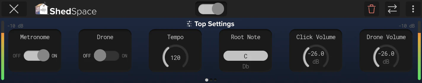 ShedSpace Top Settings page on the Anagram screen: metronome, drone, tempo, root note, and volume controls