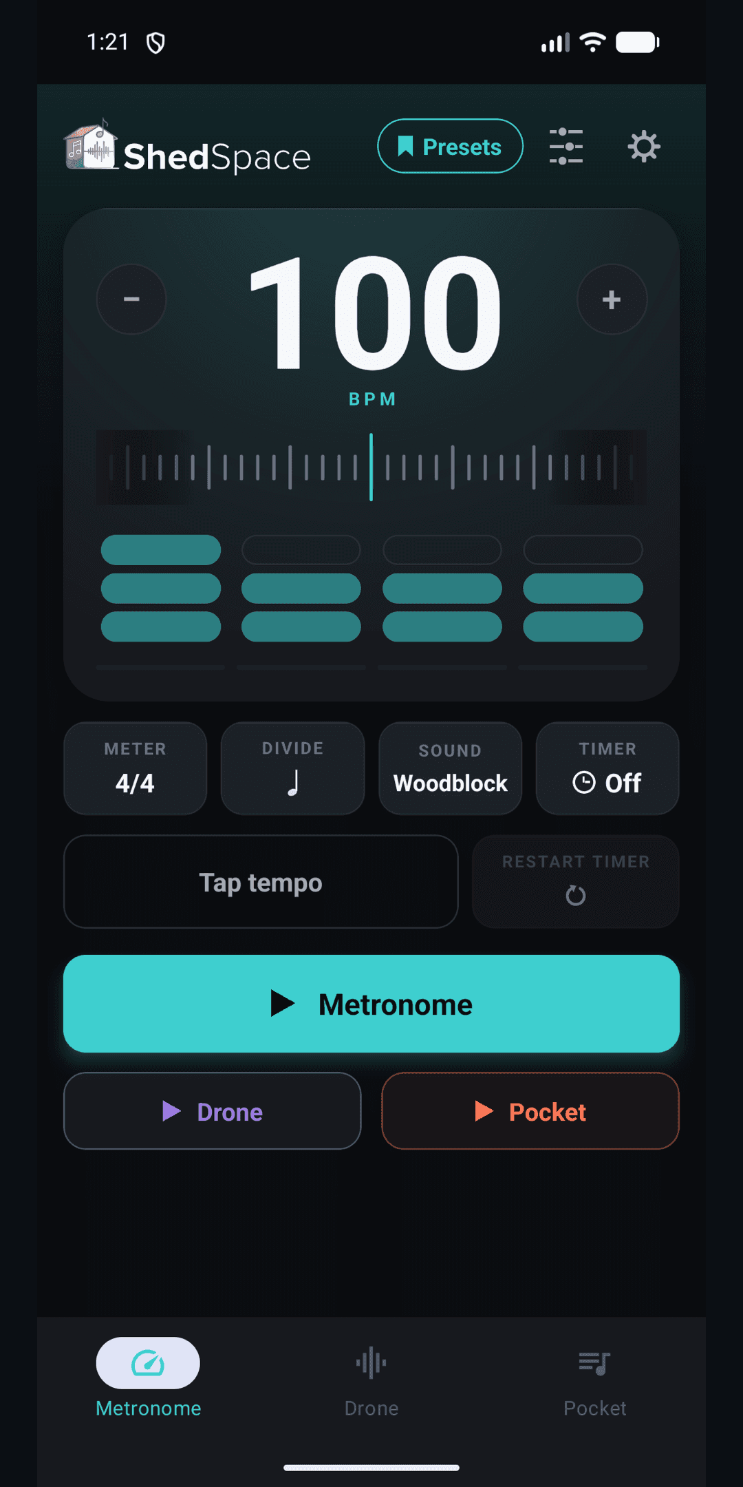 ShedSpace mobile app metronome screen