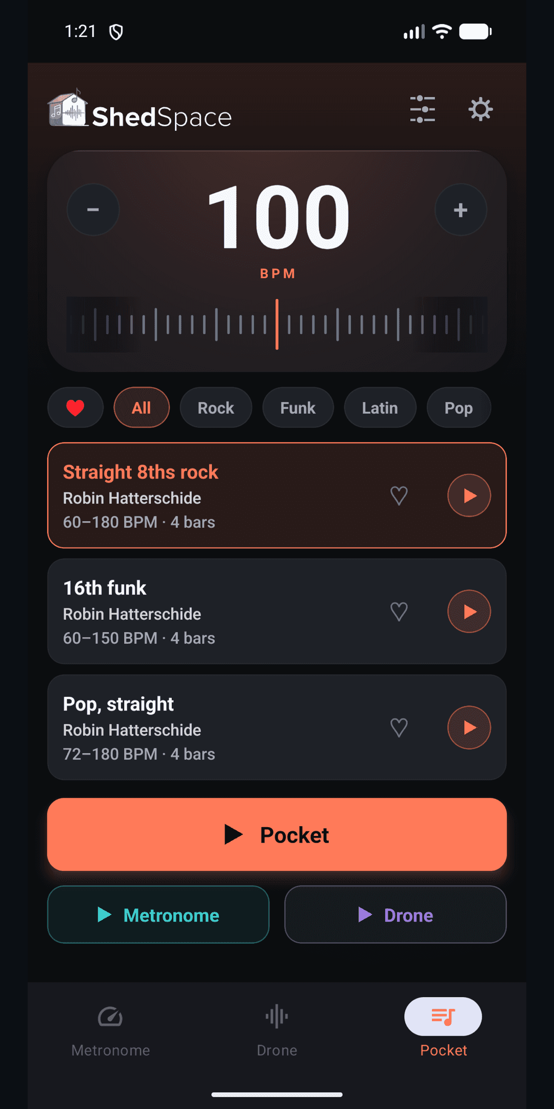 ShedSpace Pocket drum grooves screen on iPhone