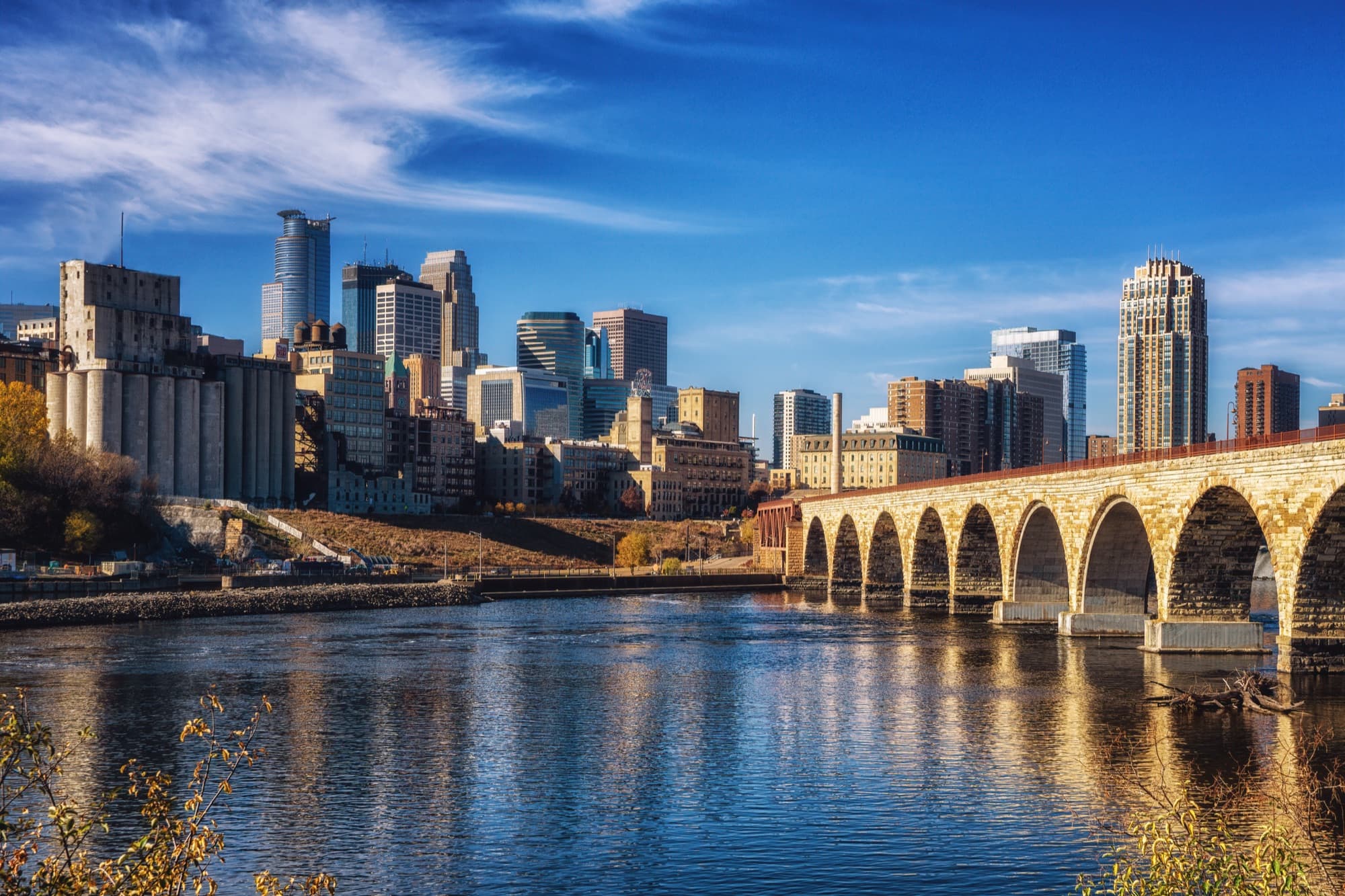 The Stone Arch Bridge and downtown Minneapolis skyline
